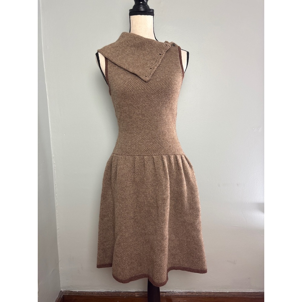 Vintage Ralph Lauren Rugby Womens Brown 100% Wool Sleeveless Knit Sweater Dress
